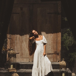 Sustainable organic cotton white maxi dress off sleeve bohemian free spirit cream dress