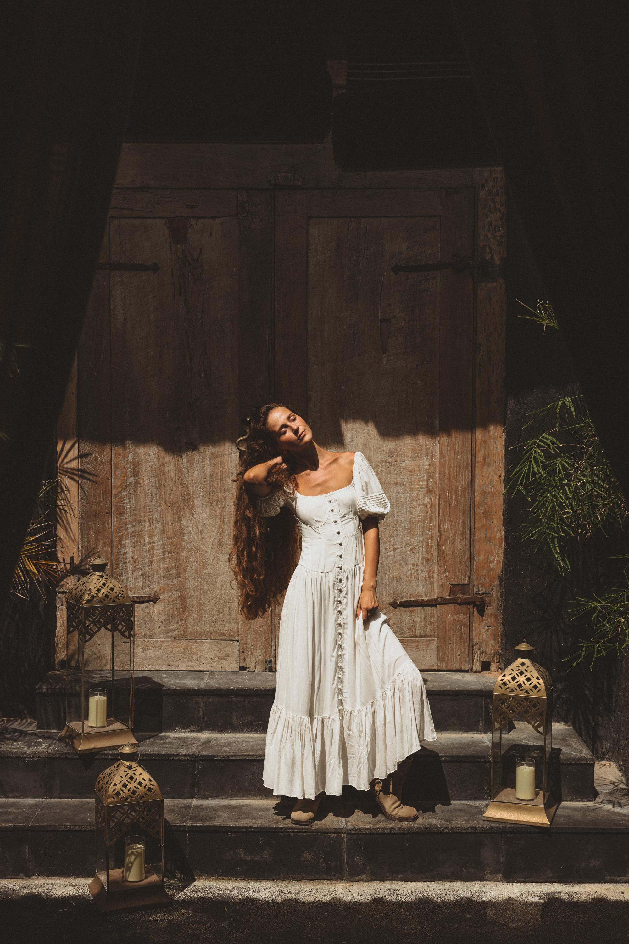 organic white embroidery dress with split m main image 1