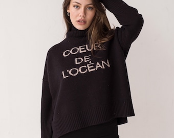 Heart of the Ocean jumper with French text merino wool high neck sweater handmade in England
