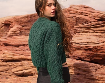 Hand Knit Cable Merino Wool Alpaca Green Sweater