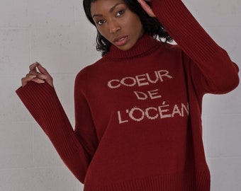 Heart of the Ocean jumper in ruby red handmade in England from 100% merino wool high neck boxy jumper