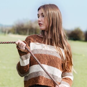 Rae Jumper made from 100% linen and cotton slub in stripe cinnamon sand and shell white cropped jumper image 3