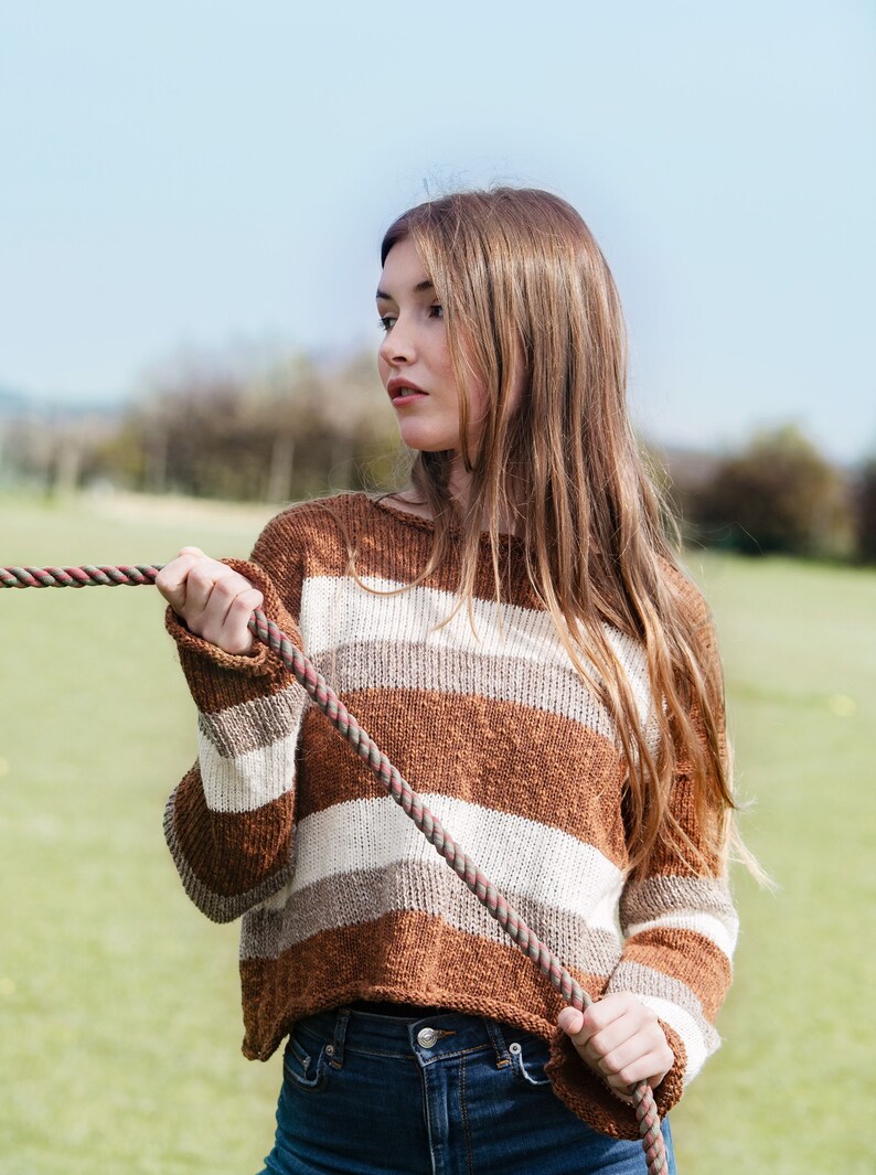 Rae Jumper made from 100% linen and cotton slub in stripe cinnamon sand and shell white cropped jumper image 3