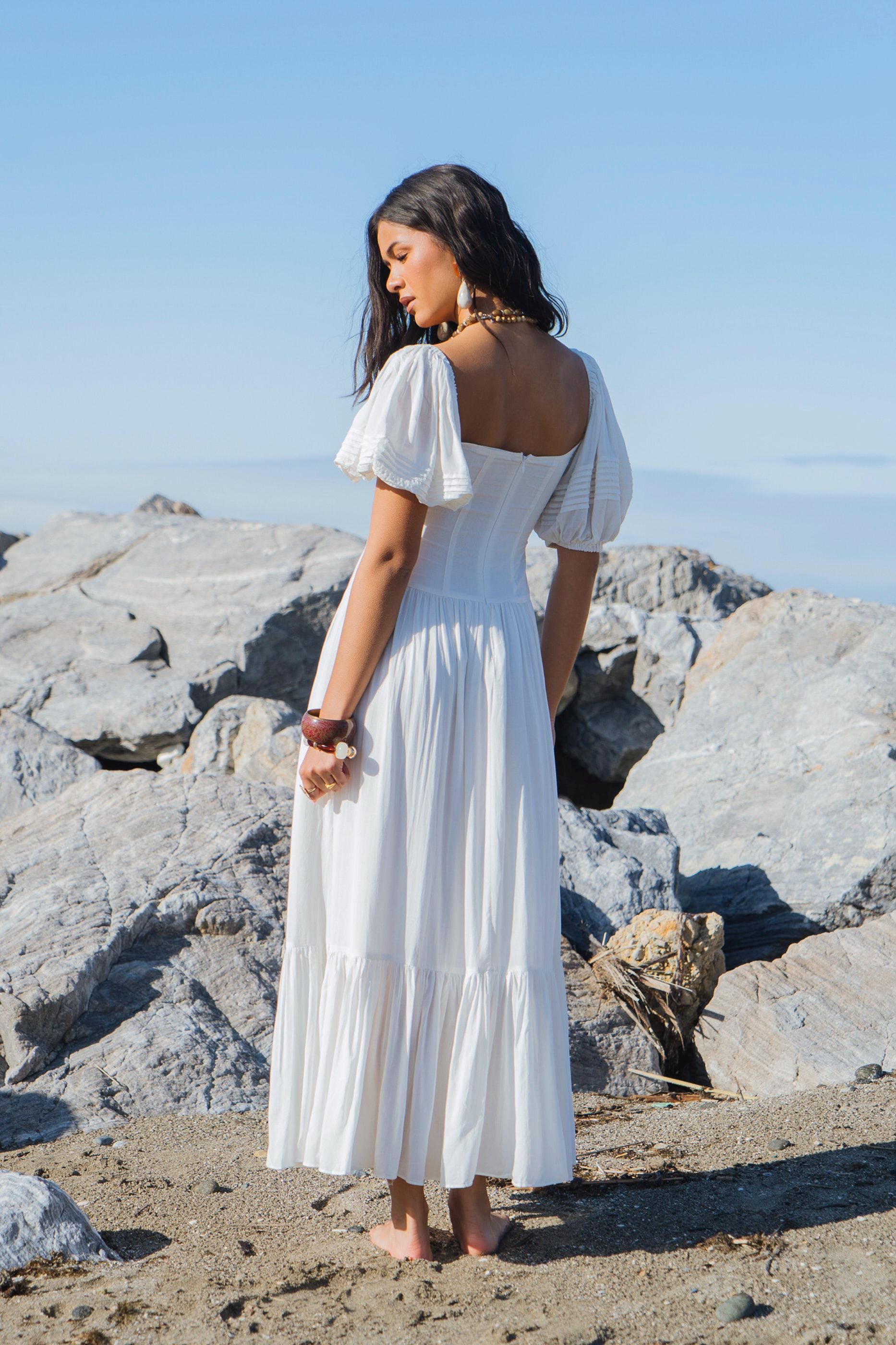 white flowy cotton dress Sustainable Organic Cotton White Maxi Dress off Sleeve Bohemian Free Spirit  Cream Dress