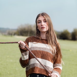 Rae Jumper made from 100% linen and cotton slub in stripe cinnamon sand and shell white cropped jumper image 2