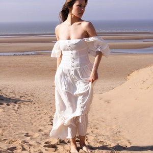 Witte maxi-jurk van duurzame biologische katoen met off-mouwen boho free spirit crèmekleurige jurk