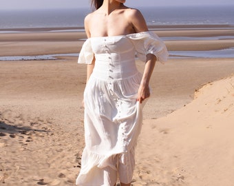 Sustainable organic cotton white maxi dress off sleeve bohemian free spirit cream dress