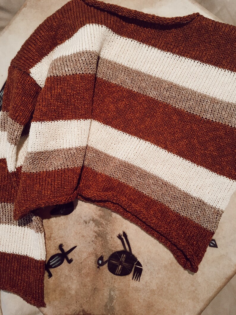 Rae Jumper made from 100% linen and cotton slub in stripe cinnamon sand and shell white cropped jumper image 8