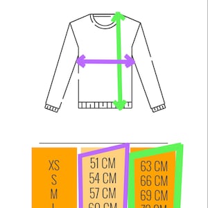 May include: Size chart for a long-sleeved shirt with measurements in centimetres for chest and length. The chart shows sizes XS through XXL.