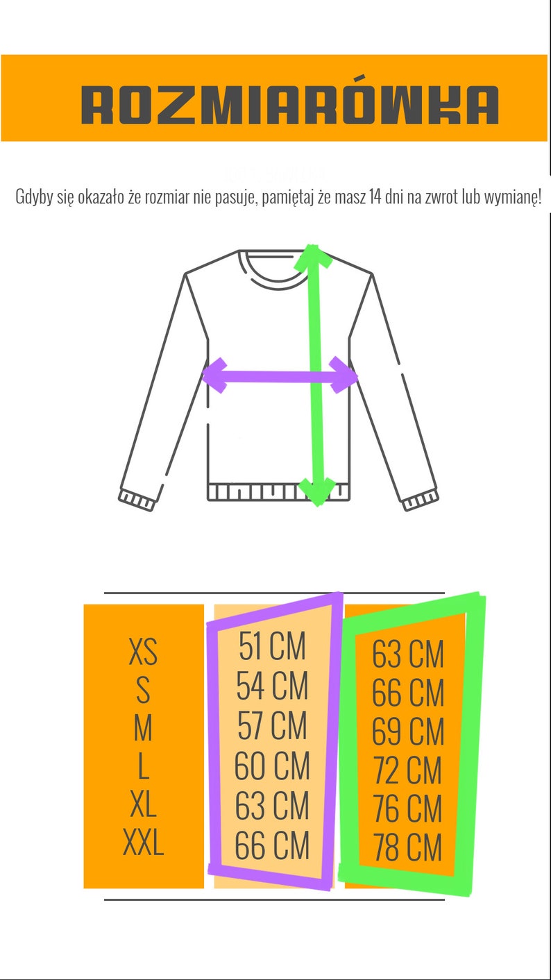 May include: Size chart for a long-sleeved shirt with measurements in centimetres for chest and length. The chart shows sizes XS through XXL.