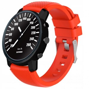 May include: A black watch with a red silicone band and a speedometer-style face. The face reads "km/h ELECTRONIC".