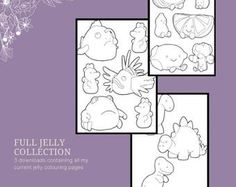 Jellycat - Juego de 3 dibujos para colorear digitales, 22 páginas, descarga instantánea, dinosaurios, frutas y animales - Imprime desde casa
