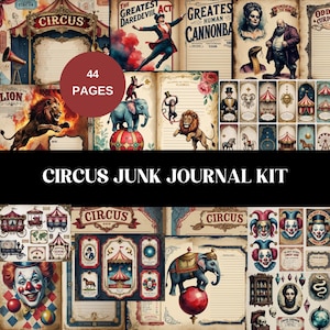 Vintage Circus Junk Journal Kit, Carnival Circus Scrapbook Ephemera, Fussy Cut Stickers, Clown & Tent Circus Sheets, Digital Journal Pages