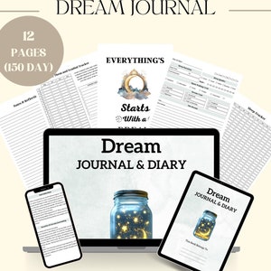 Può includere: Un download digitale per un diario dei sogni e un diario. La copertina presenta un barattolo con stelle e una luna crescente all'interno. Il testo sulla copertina recita "Dream Journal & Diary".