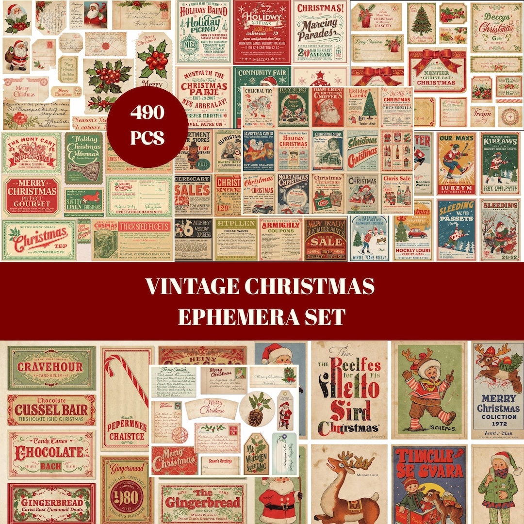 Vintage Christmas Ephemera Set, 490 Pcs Holiday Junk Journal Kit, Retro ...
