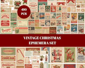 May include: A collection of 490 vintage Christmas ephemera pieces. The set includes various tags, labels, and cards with festive designs, text, and illustrations in red, green, and cream colors. The text includes "Merry Christmas" and "Holiday".