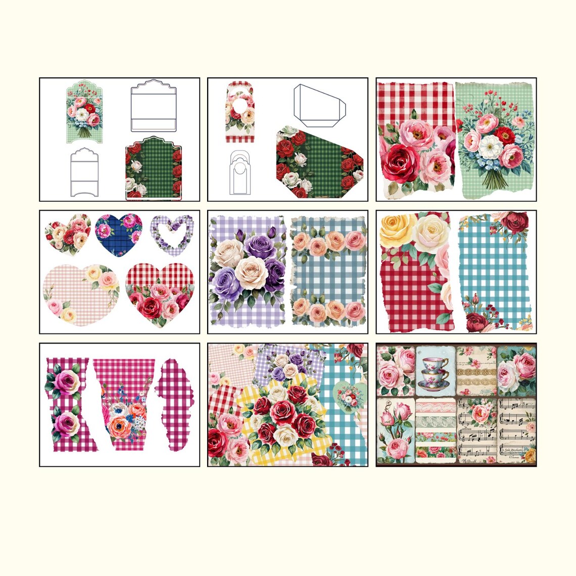 Rose Gingham Ephemera Kit 79 Pcs Printable Junk Journal Folio Kit ...