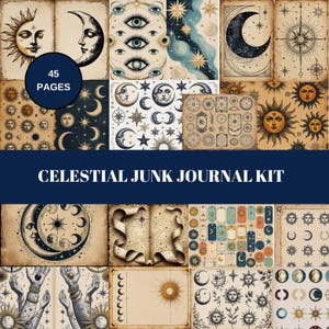 Kit de diário de lixo celestial, itens efêmeros vintage de sol, lua e estrelas, símbolo do olho, papéis imprimíveis espirituais boho, download digital, álbum de recortes do zodíaco