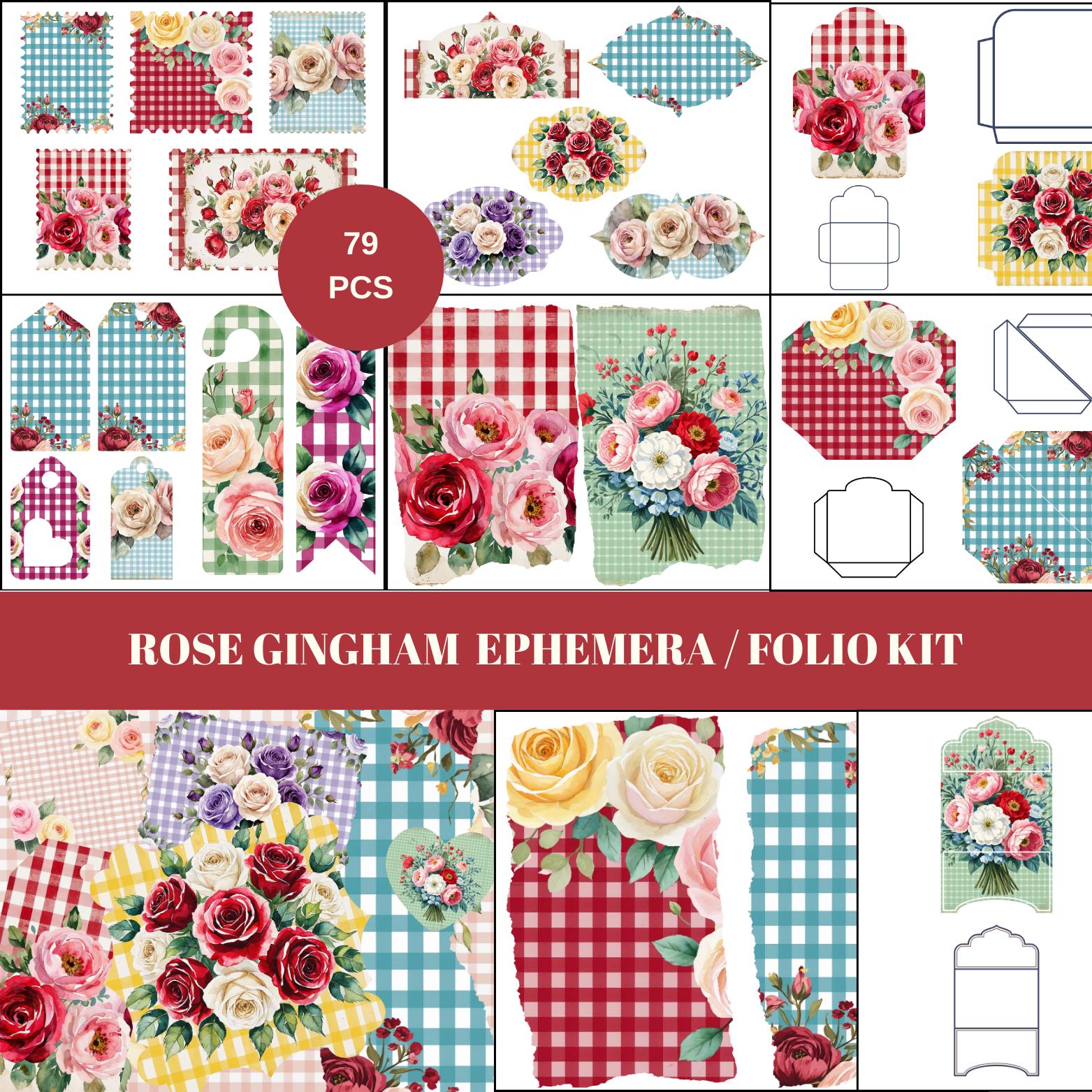 Rose Gingham Ephemera Kit 79 Pcs Printable Junk Journal Folio Kit ...