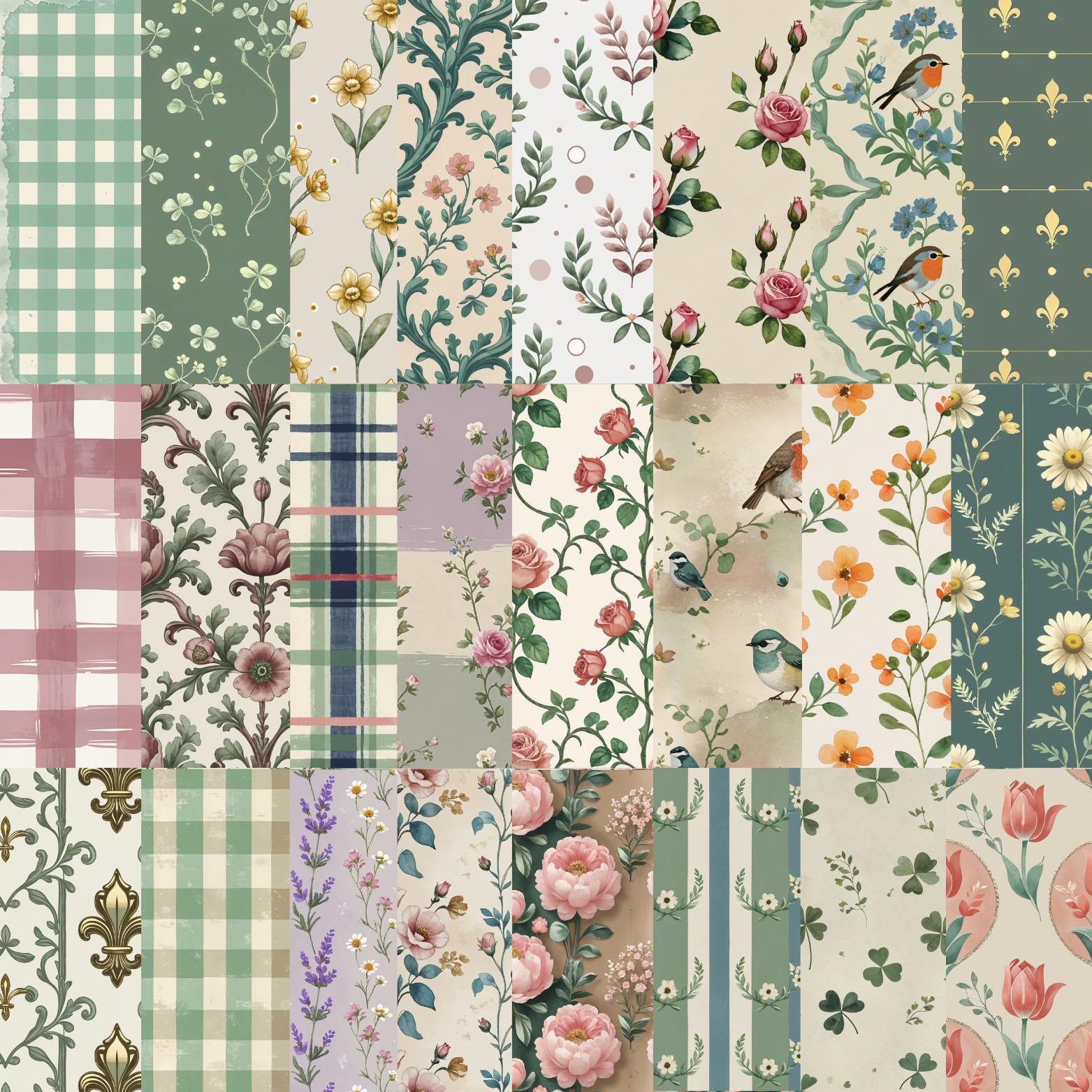 Vintage Floral & Gingham Digital Paper Bundle, Shabby Chic Junk Journal ...