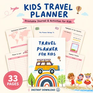 Peut inclure: Un carnet de voyage imprimable pour enfants de 33 pages. La couverture présente un SUV jaune, un arc-en-ciel et le texte "TRAVEL PLANNER FOR KIDS". Les pages intérieures incluent des informations de destination, une carte et des suivis de dépenses.