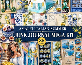Mediterranean Amalfi Junk Journal Mega Kit , Summer Watercolor Scrapbook Supplies (86 Pages)