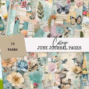 May include: A collection of 39 collage junk journal pages. The pages feature a variety of designs with floral, butterfly, and musical note motifs in pastel colors. The text "Collage Junk Journal Pages" is displayed.