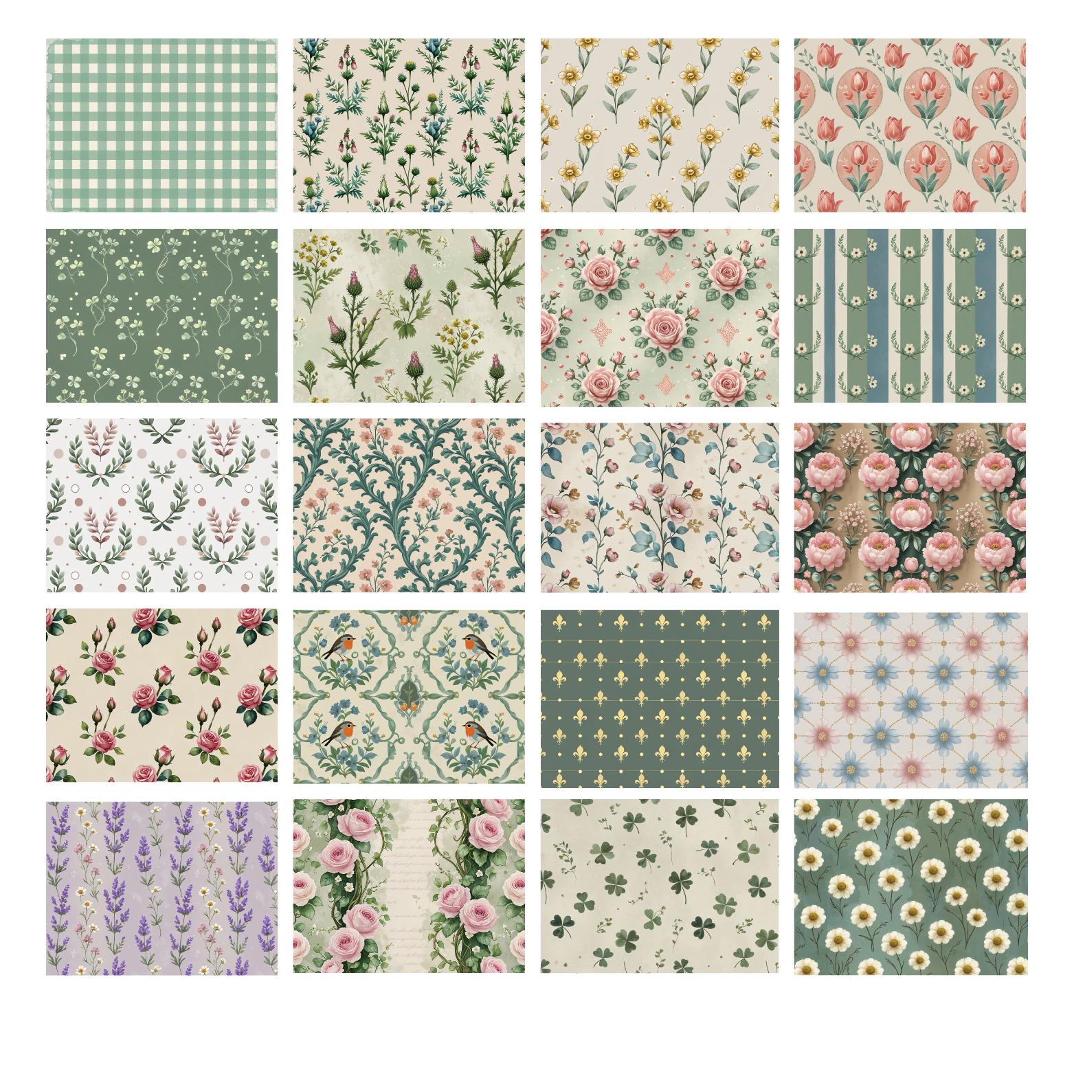 Vintage Floral & Gingham Digital Paper Bundle, Shabby Chic Junk Journal ...