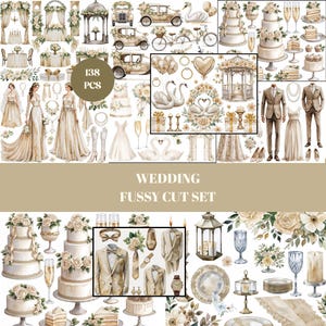 Könnte beinhalten: Eine Sammlung von Aquarell-Illustrationen zum Thema Hochzeit. Das Set enthält Hochzeitstorten, Brautkleider, Anzüge, Schwäne, Autos und Blumengestecke. Der Text "138 PCS" und "WEDDING FUSSY CUT SET" sind ebenfalls sichtbar.