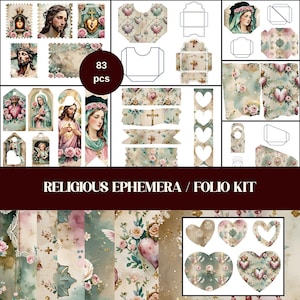 Heilig hart Christian Folio Kit, Catholic Junk Journal Kit, vintage aquarel religieus afdrukbaar, kortstondige, plakboekbenodigdheden Jezus