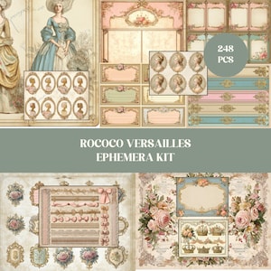 May include: A Rococo Versailles Ephemera Kit with various vintage-style elements. The kit includes portraits, labels, decorative borders, and floral designs in soft pastel colors. The image also shows the text "248 PCS".
