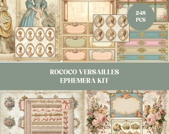 May include: A Rococo Versailles Ephemera Kit with various vintage-style elements. The kit includes portraits, labels, decorative borders, and floral designs in soft pastel colors. The image also shows the text "248 PCS".