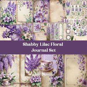 Diario basura con flores lilas estilo shabby chic, kit de scrapbooking con flores estilo shabby chic, papeles y efímeras de inspiración floral vintage (descarga instantánea)