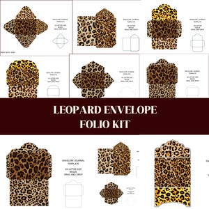 May include: A selection of leopard print envelope templates, showing different stages of construction. The designs feature various shapes and sizes, with the text "LEOPARD ENVELOPE FOLIO KIT" displayed. Instructions are included.