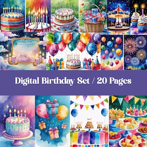 Diario digital de cumpleaños, hojas de recuerdos y decoraciones de cumpleaños imprimibles, páginas de diario con tarjetas de cumpleaños, impresión con temática de fiesta de acuarela