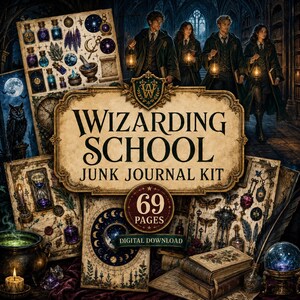Pode incluir: Um kit digital de junk journal intitulado Wizarding School contendo 69 páginas de gráficos de fantasia, incluindo frascos de poções, mapas celestiais, uma coruja, um caldeirão e quatro estudantes segurando lanternas em uma biblioteca.