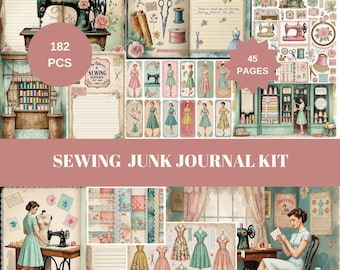 May include: A vintage-themed sewing junk journal kit with 182 pieces and 45 pages. The kit includes illustrations of sewing machines, dresses, spools of thread, and vintage women. The text "SEWING JUNK JOURNAL KIT" is displayed.