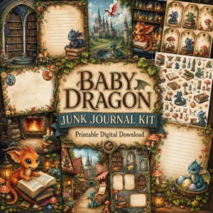 Può includere: Un kit per junk journal Baby Dragon in download digitale stampabile con varie illustrazioni fantasy tra cui draghetti, castelli, biblioteche, caminetti, funghi e pagine di carta da lettere a righe con bordi decorativi e testo.