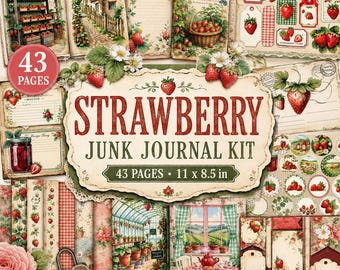 Jordgubbs-skräpjournalkit, vintage receptkort, ephemera (PDF-mönster)