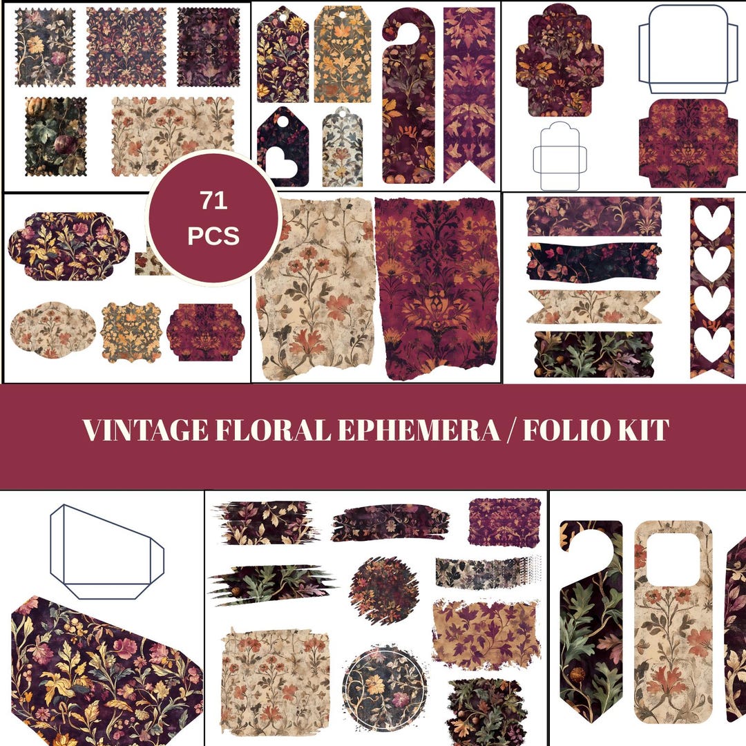 Vintage Floral Ephemera Kit 71 PCS Printable Junk Journal Folio Kit, 21 ...