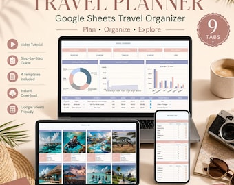 May include: A digital travel planner displayed on a laptop, tablet, and smartphone. The screen shows a Google Sheets interface with charts, a budget tracker, and a packing list. Text includes THE ULTIMATE TRAVEL PLANNER, 9 TABS, and NEUES STUDIO.