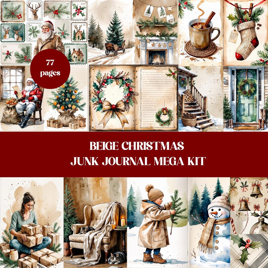 Beige Rustic Vintage Christmas Junk Journal Kit for Scrapbook Ephemera ...