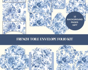 French Toile Envelope Folio Kit, Blue Floral Printable Stationery Set, Toile Flower Junk Journal Ephemera ,Vintage Envelope Templates