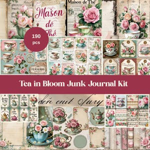 Shabby Chic Tea in Bloom Junk Journal Kit, romantische bloemen afdrukbare ephemera set, shabby chic vintage theekopjes plakboekkit, digitale print