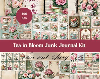 Shabby Chic Tea in Bloom Junk Journal Kit, romantische bloemen afdrukbare ephemera set, shabby chic vintage theekopjes plakboekkit, digitale print