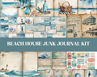 May include: A digital junk journal kit with a beach house theme. The kit includes images of a beach house, seashells, lighthouses, boats, and ocean waves. The kit also includes text elements such as "Ocean Travel" and "Ferry Tickets".