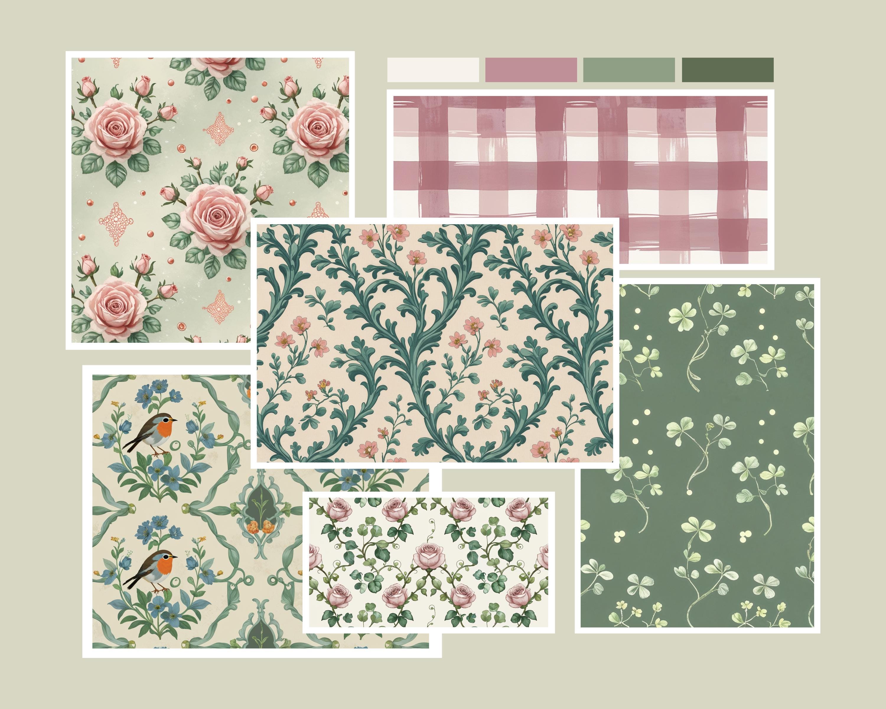 Vintage Floral & Gingham Digital Paper Bundle, Shabby Chic Junk Journal ...