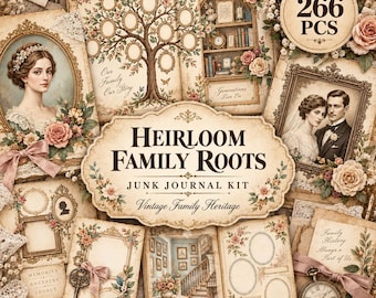 May include: A 266-piece junk journal kit titled Heirloom Family Roots, featuring vintage-style paper ephemera, floral illustrations, ornate picture frames, a family tree diagram, antique clock imagery, and lace accents for scrapbooking projects.