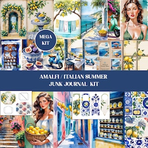 Mediterranean Amalfi Junk Journal Mega Kit , Summer Amalfi-Inspired Folio, Ephemera, Cards, Fussy Cuts, Washi, Watercolor Scrapbook Supplies