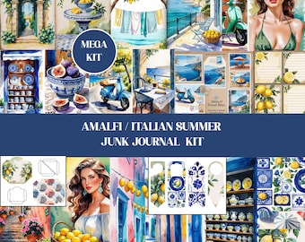Megakit de diario basura mediterráneo de Amalfi, folio inspirado en el verano de Amalfi, efímeras, tarjetas, recortes, washi, suministros para álbumes de recortes de acuarela